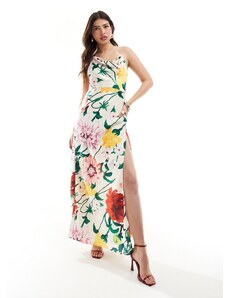 Hope & Ivy - Vestito lungo con spalline sottili e spacco sulla coscia in raso a fiori su sfondo chiaro-Multicolore