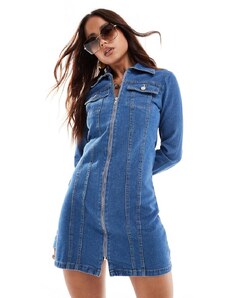 Miss Selfridge - Vestito camicia in denim lavaggio blu medio con zip