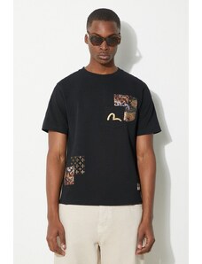 Evisu t-shirt in cotone Seagull Emb + Brocade Pocket uomo colore nero con applicazione 2ESHTM4TS7066