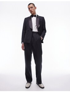 Topman - Pantaloni da abito premium stile smoking neri in misto lana-Nero