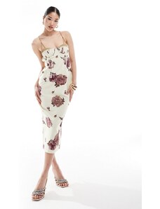 ASOS DESIGN - Vestito a longuette a pannelli effetto lino con stampa a fiori, coppe e cut-out-Multicolore