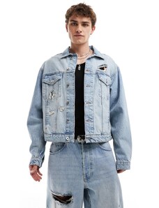 COLLUSION - Giacca trucker di jeans lavaggio chiaro con strappi in coordinato-Blu