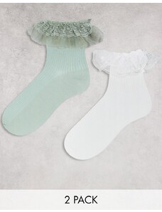 Monki - Confezione da 2 paia di calzini con volant bianchi e verdi-Marrone