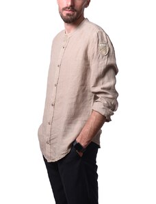 Blauer camicia da uomo a manica lunga in lino con collo alla coreana beige