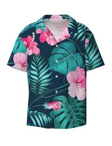 Kudgawgs Camicia hawaiana da uomo hawaiana con stampa floreale rosa a maniche corte, camicia estiva casual per vacanze al mare e feste, Nero , XL