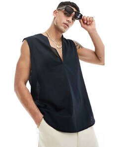 ASOS DESIGN - Camicia oversize anni '90 senza maniche nera effetto lino-Nero