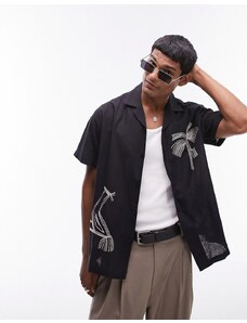 Topman - Camicia a maniche corte nera con palma ricamata-Nero