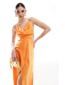 ASOS DESIGN - Vestito con gonna al polpaccio con fondo asimmetrico in raso arancione con scollo ad anello e cut-out in vita-Multicolore