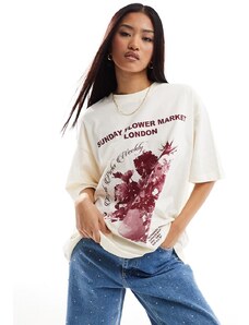 ASOS DESIGN - T-shirt boyfriend color crema con stampa di fiori-Bianco