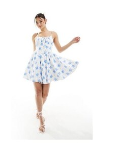 Rare London - Vestito milkmaid skater corto bianco a fiori blu con laccetto-Multicolore