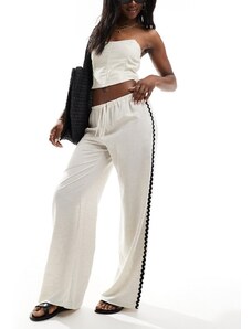 ASOS DESIGN - Pantaloni a fondo ampio in lino colore naturale con dettaglio a contrasto-Bianco