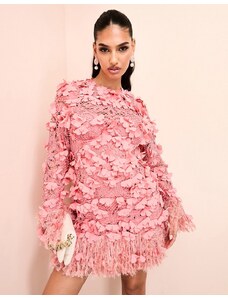 ASOS Luxe - Vestito corto in pizzo con decorazioni con fiori 3D e piume sintetiche rosa