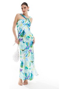 ASOS DESIGN - Vestito lungo in raso con stampa a fiori vivace e spallina intrecciata con drappeggio-Multicolore