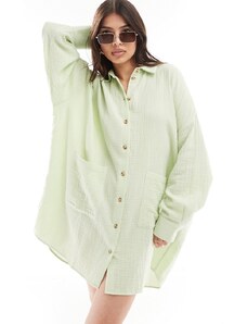 ASOS DESIGN - Vestito camicia oversize in tessuto doppio verde mela con tasche scese
