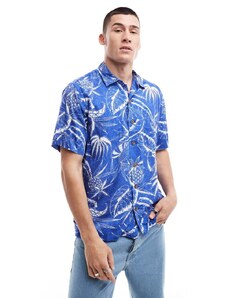 Polo Ralph Lauren - Camicia classica oversize a maniche corte in rayon blu medio con stampa a fiori brezza oceanica e rever