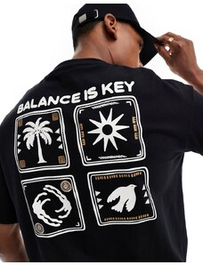 Selected Homme - T-shirt oversize nera con stampa "Balance" con palme sul retro-Nero