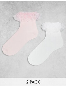 Monki - Confezione da 2 paia di calzini con volant rosa e bianchi-Bianco