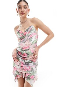 ASOS DESIGN - Vestito corto a fascia arricciato stile corsetto con stampa a fiori e fondo arruffato-Multicolore