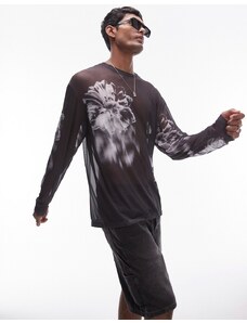 Topman - Maglietta oversize a maniche lunghe in rete nera con stampa floreale-Nero