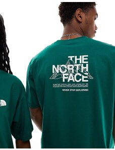 The North Face - T-shirt oversize verde scuro con stampa di montagne sulla schiena