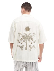 Pull&Bear - Camicia bianca con ricamo con palme-Bianco