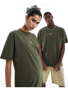 Nike - T-shirt oversize verde scuro con logo centrale-Giallo