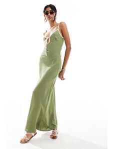 ASOS DESIGN - Vestito sottoveste effetto lino kaki con bordi a contrasto-Verde