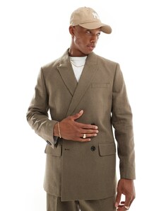 Abercrombie & Fitch - Blazer doppiopetto in misto lino color cuoio in coordinato-Marrone