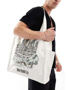 Abercrombie & Fitch - Maxi borsa preppy crema in tela con disegno di città-Bianco