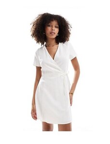 ONLY - Vestito corto a portafoglio in misto lino bianco sporco