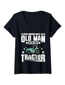 Farmer Tractors Driver Farming Agriculture Designs Donna Mai sottovalutare un vecchio con il suo trattore Maglietta con Collo a V