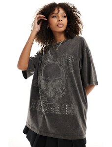 ASOS DESIGN - T-shirt oversize antracite slavato con applicazioni a caldo e stampa di teschio stile rock-Grigio