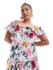 Hope & Ivy Plus - Vestito lungo con spalle scoperte e dettagli arricciati a fiori-Multicolore