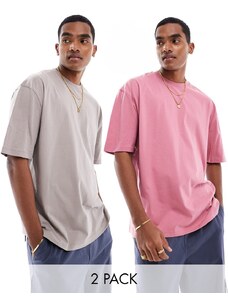 ASOS DESIGN - Confezione da 2 T-Shirt oversize rosa polvere e marrone-Multicolore