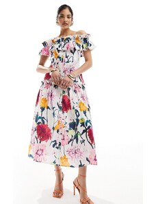 Hope & Ivy - Vestito lungo con spalle scoperte, dettagli arricciati e stampa a fiori vivaci-Multicolore
