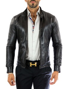 Giacca Biker In Vera Pelle Uomo Slim Cuciture Frontali Outlet Rindway
