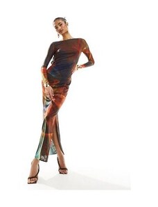 Farai London - Anayah - Vestito lungo a maniche lunghe a colonna in tessuto a rete rosso sfumato con schiena scoperta-Multicolore