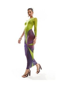Farai London - Nyx - Vestito lungo fasciante monospalla in tessuto a rete viola e fiore di lime-Multicolore