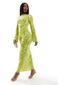 ASOS DESIGN - Vestito lungo in rete effetto dévoré color lime trasparente con scollo profondo sul retro e maniche a pipistrello-Giallo