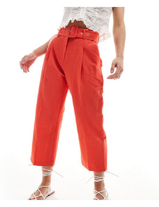 ASOS Petite ASOS DESIGN Petite - Pantaloni sartoriali rossi in misto lino con cintura-Rosso