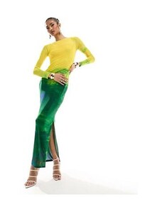 Farai London - Aphrodite - Vestito lungo a maniche lunghe in tessuto a rete giallo e verde sfumato-Multicolore