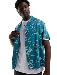Selected Homme - Camicia oversize verde con stampa di fiore delineato e colletto