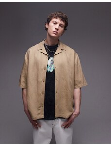 Topman - Camicia squadrata color cammello a maniche corte in lino e viscosa in coordinato-Marrone