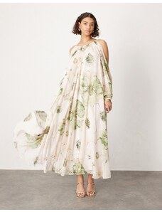 ASOS EDITION - Vestito lungo con spalline drappeggiate e schiena scoperta in chiffon con stampa a fiori grandi-Multicolore