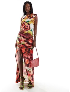 ASOS DESIGN - Vestito lungo monospalla con stampa a fiori vivace e coulisse-Multicolore