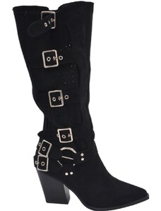 Malu Shoes Stivali estivi donna camperos forati nero camoscio con fibbie e punta tacco cono legno 7 cm comodo Texas