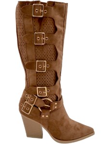 Malu Shoes Stivali donna camperos in camoscio traforato cuoio tacco western 6cm legno gambale con fibbie regolabili zip laterale