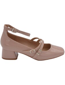 Malu Shoes Scarpa ballerina donna punta quadrata con tacco basso 5 cm cinturini regolabili alla caviglia vernice beige nude lucido