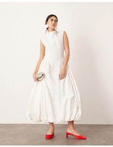 ASOS Edition - Vestito midi bianco accollato con vita scesa e fondo a palloncino
