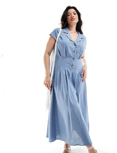 ASOS Curve ASOS DESIGN Curve - Vestito camicia midi blu in lino con maniche ad aletta e pinces